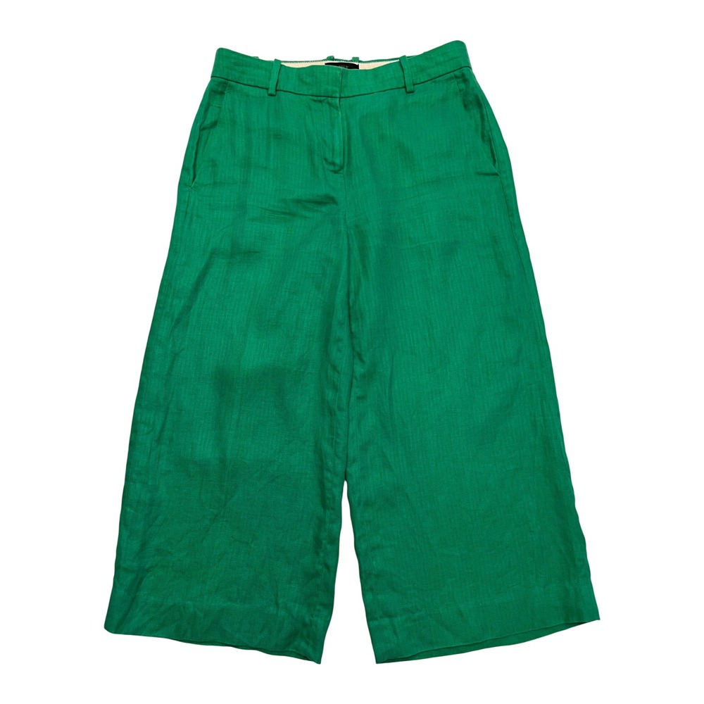 J. Crew Kelly Green Herringbone 100% Linen Preppy Wide Leg Cropped Pants 2P - Picture 1 of 10